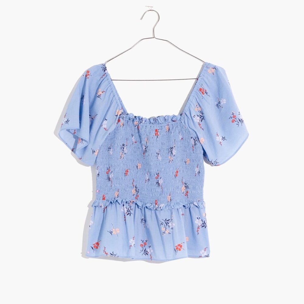 Madewell Blue Smocked Floral Peplum Top Size M